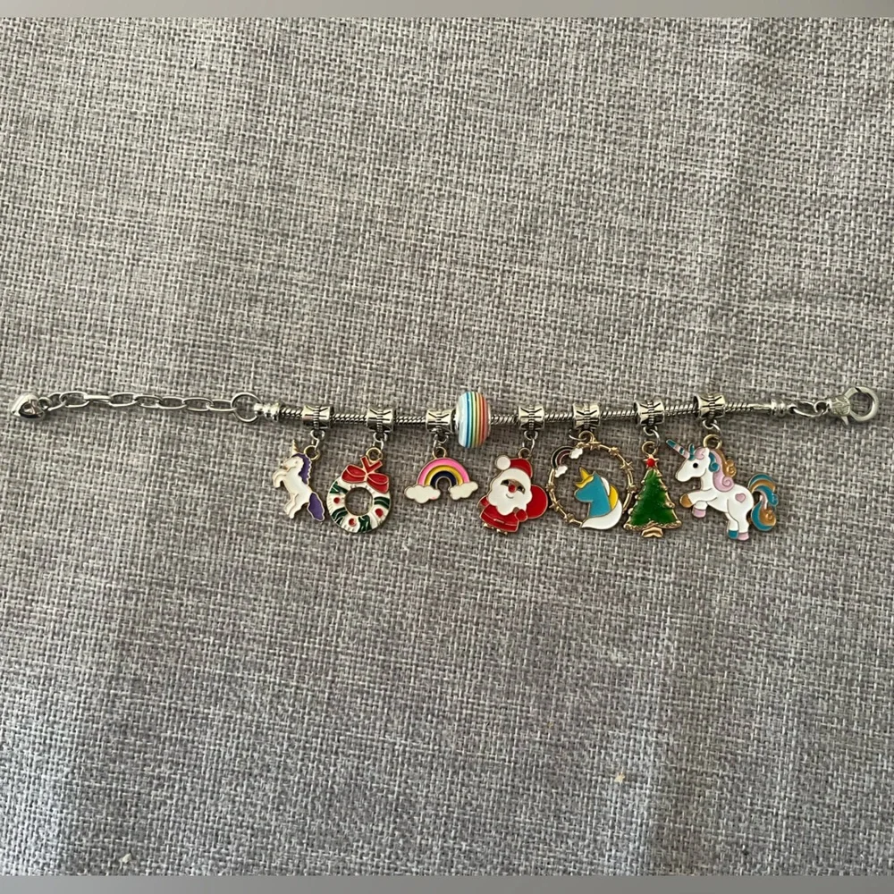 Silver-tone Charm Bracelet with Colorful Unicorn, Rainbow & Holiday Charms